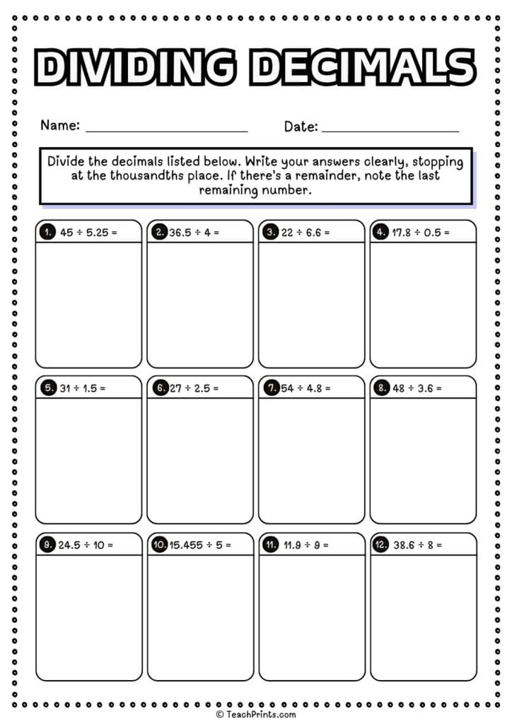 dividing decimals by decimals worksheet