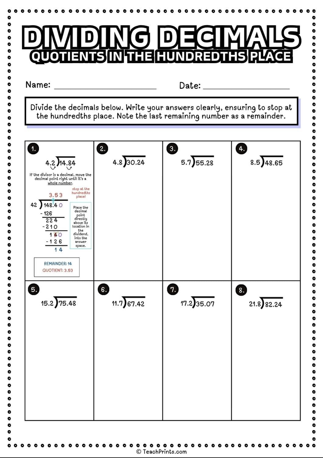 Free Dividing Decimals Worksheets Teach Prints