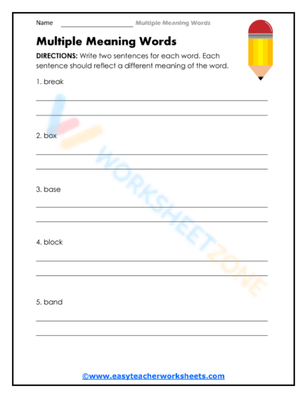Free Multiple Meaning Words Worksheets For Teaching
