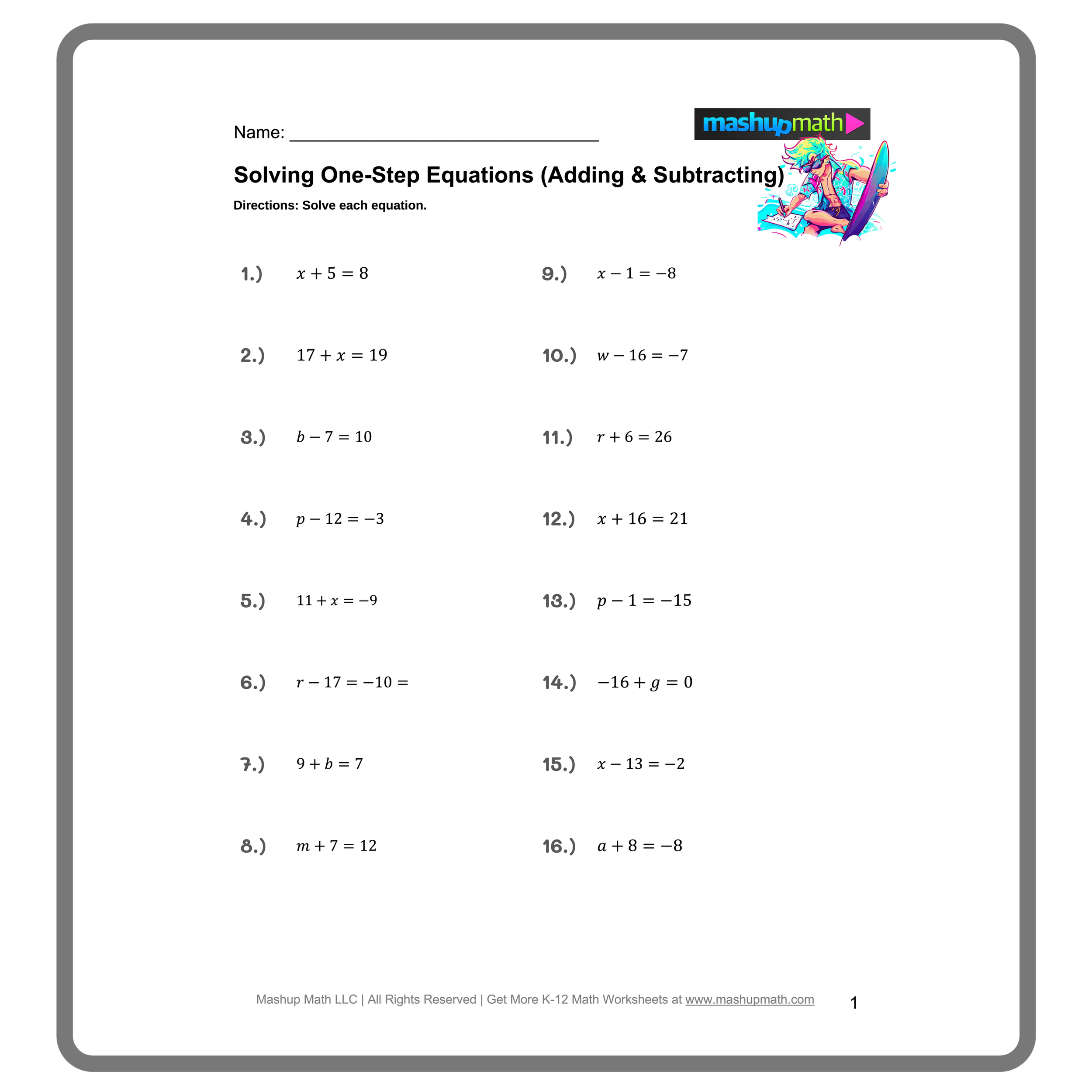 Free One Step Equations Worksheets Mashup Math Free One Step Equations Worksheets Mashup Math
