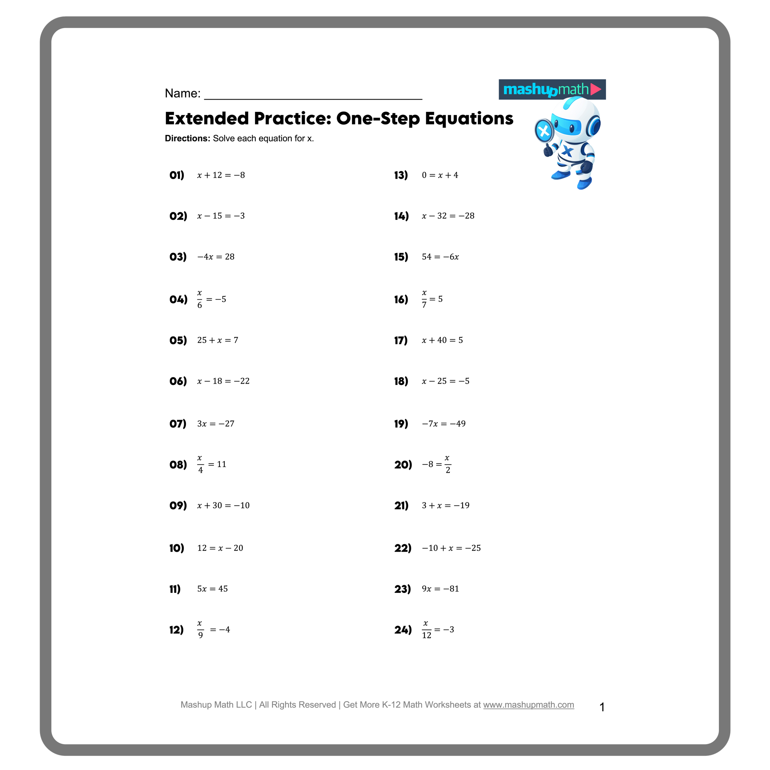 Free One Step Equations Worksheets Mashup Math Free One Step Equations Worksheets Mashup Math