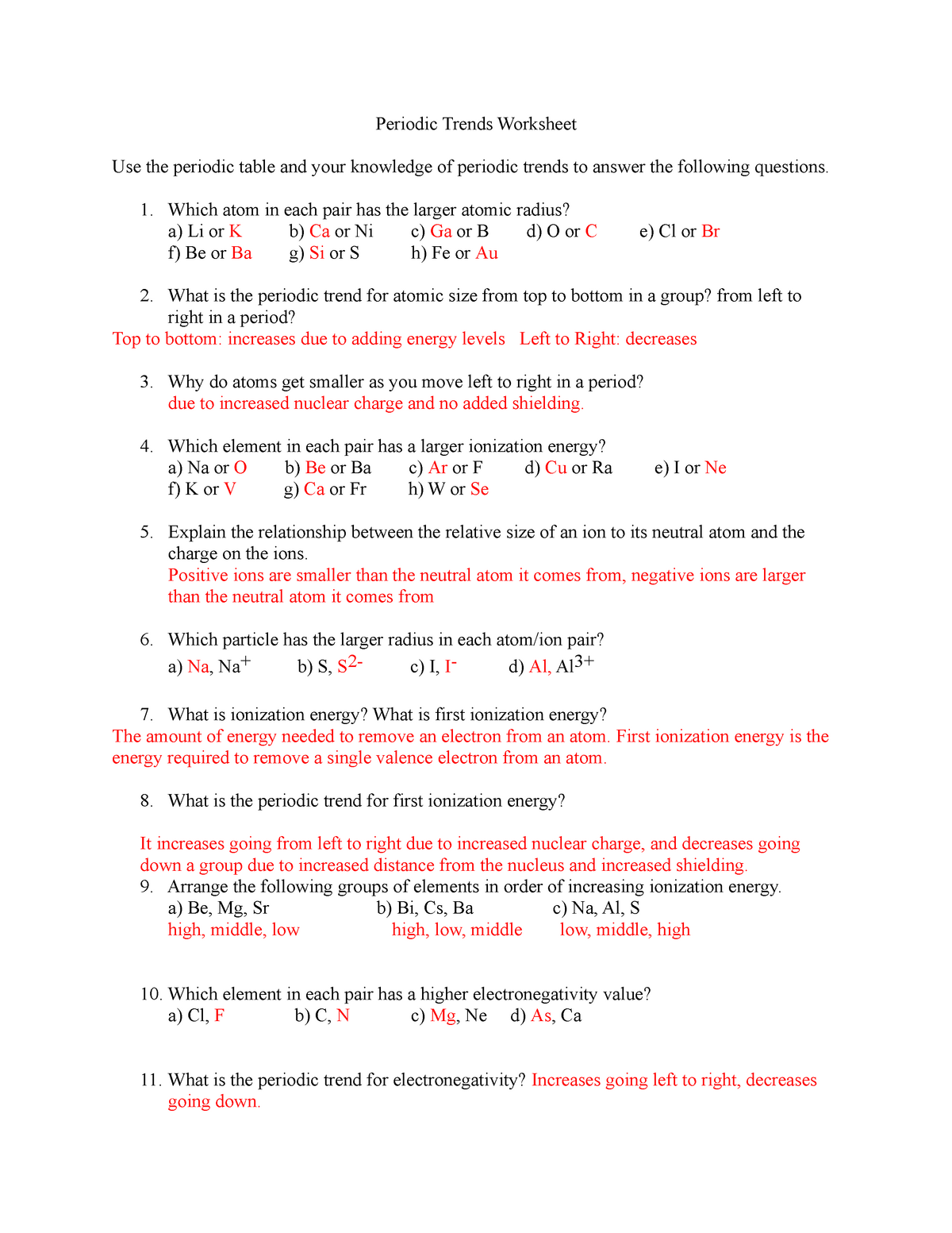 Free Periodic Trends Worksheet Answers For Students Worksheets Library