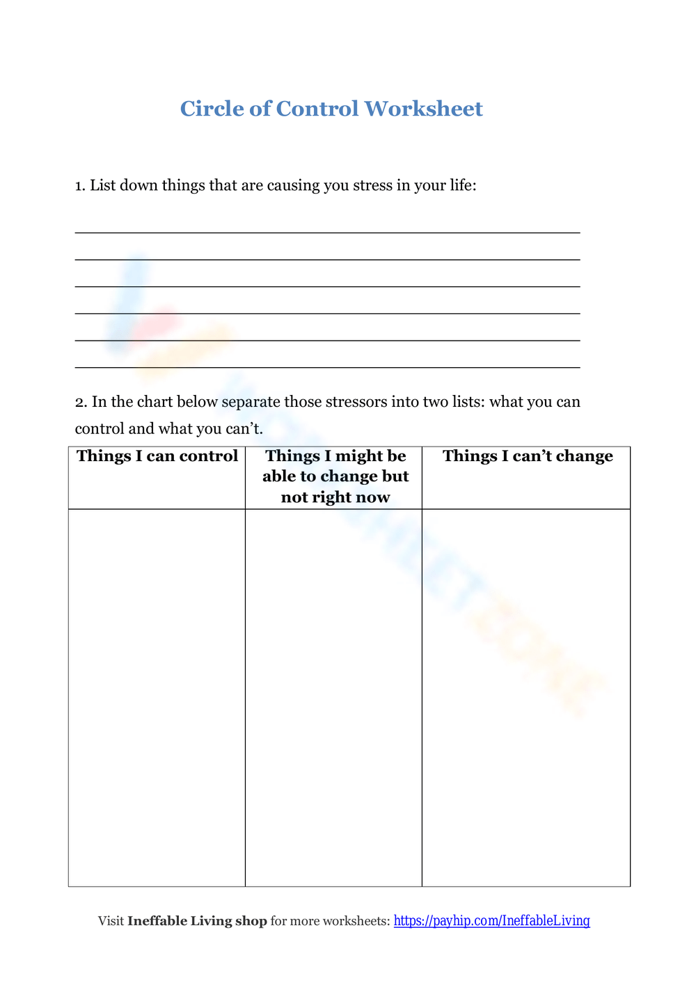 Free Printable Circle Of Control Worksheet Collection