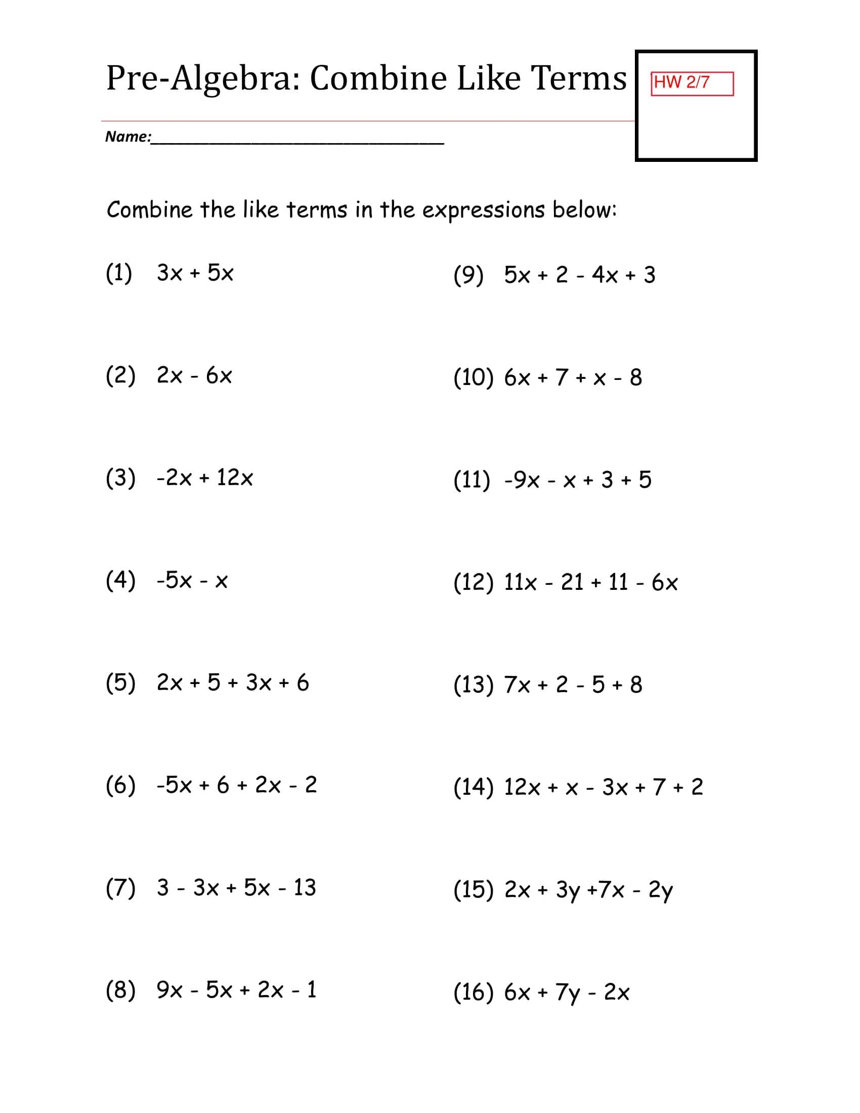 Free Printable Combining Like Terms Worksheet