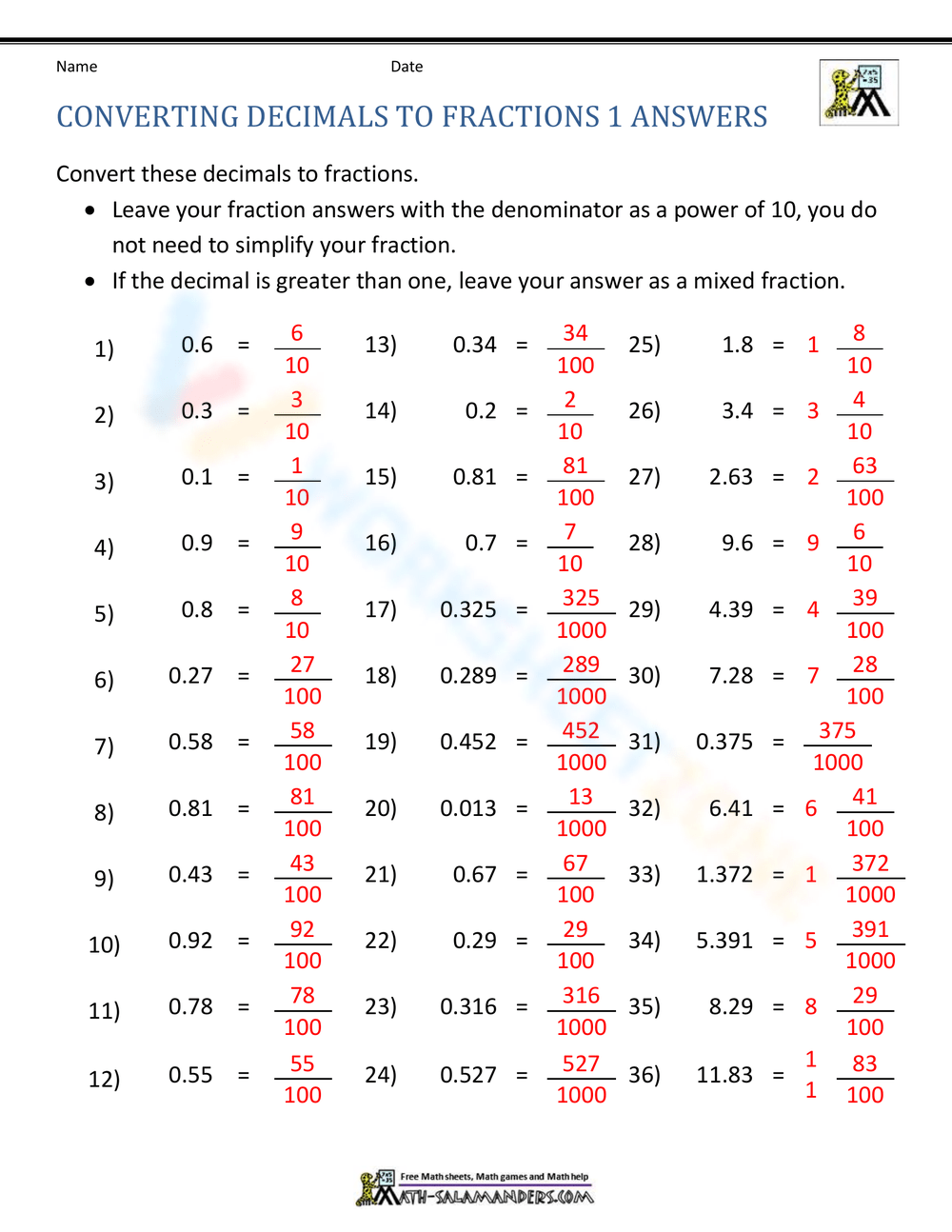Free Printable Converting Decimals To Fractions Worksheets