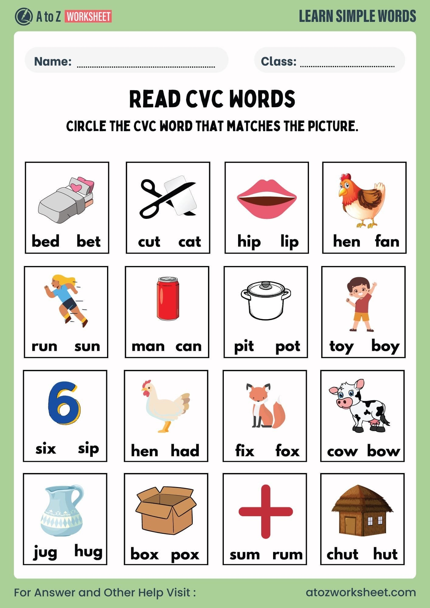 Free Printable CVC Words Worksheets For Kids PDF With Answers A To 