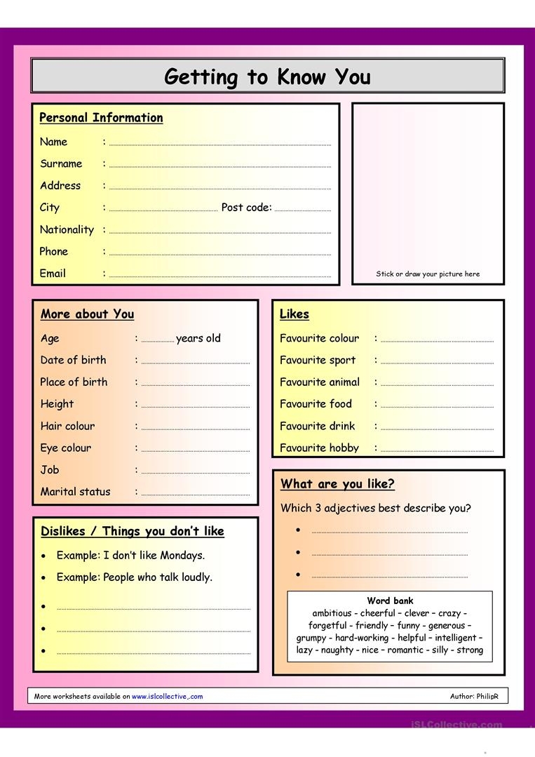 Free Printable Get To Know You Worksheet Bernard
