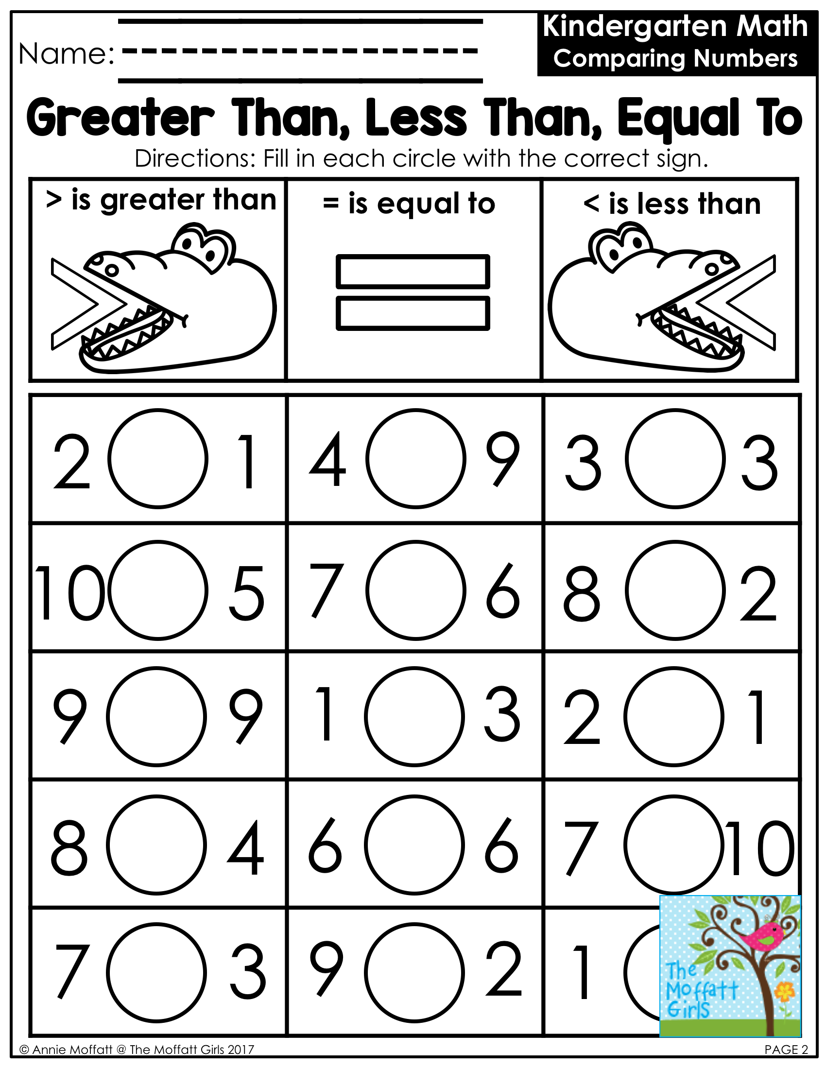 greater and less than signs worksheets