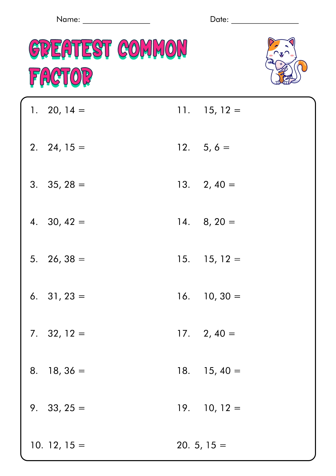 Free Printable Greatest Common Factor Chart