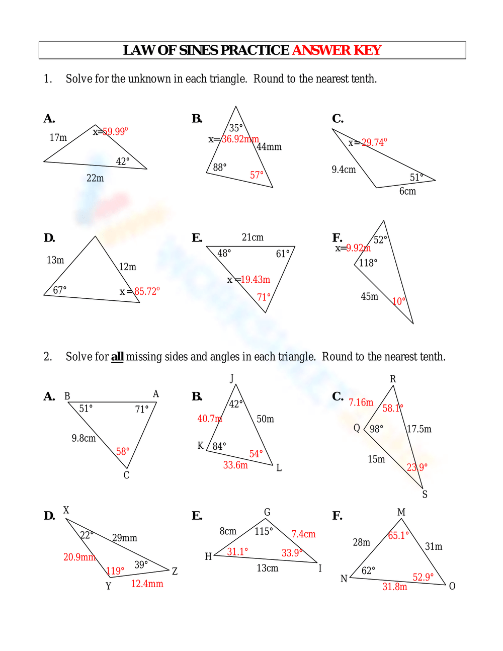 Free Printable Law Of Sines Worksheets For Students