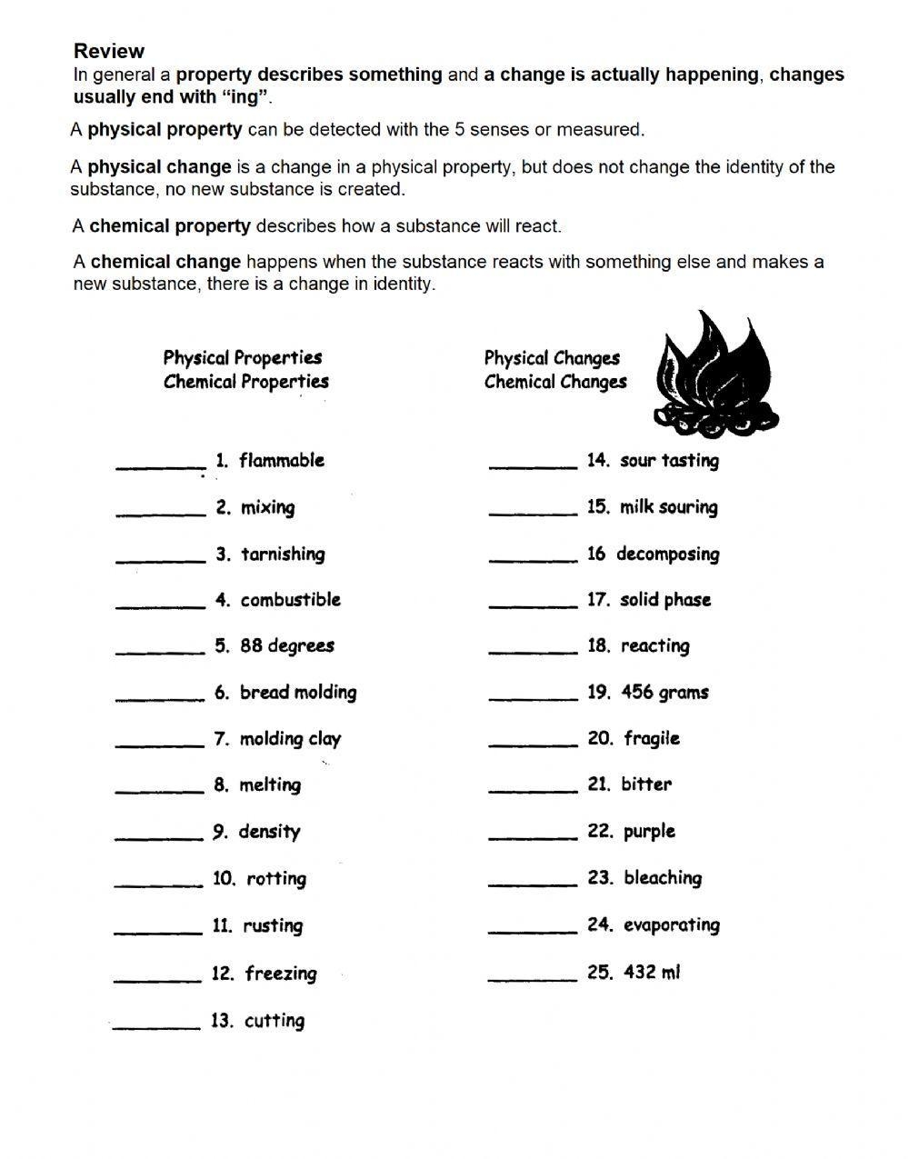 physical and chemical changes worksheet physical and chemical changes worksheet