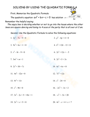 quadratic formula worksheet