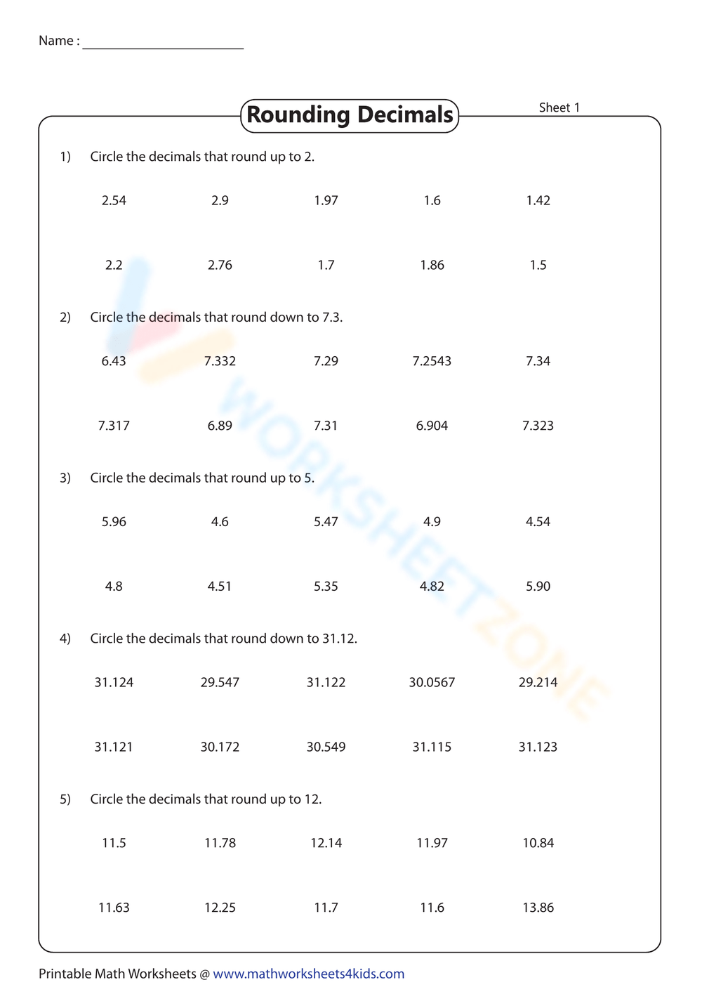 Free Printable Rounding Decimals Worksheets For Students