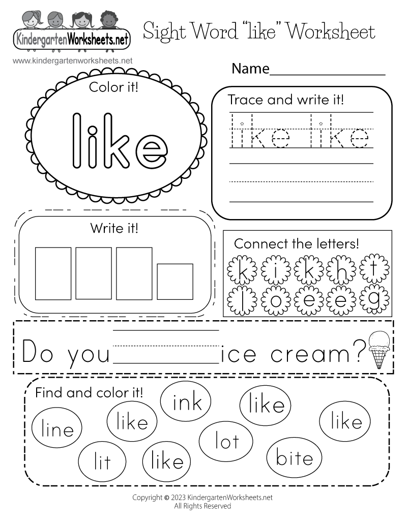 Free Printable Sight Word like Worksheet For Kindergarten