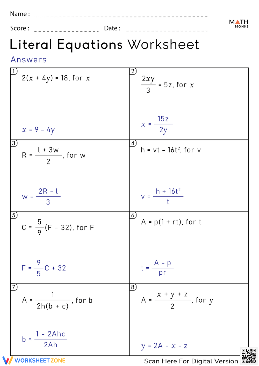 Free Printable Solving Literal Equations Worksheets Worksheets Library