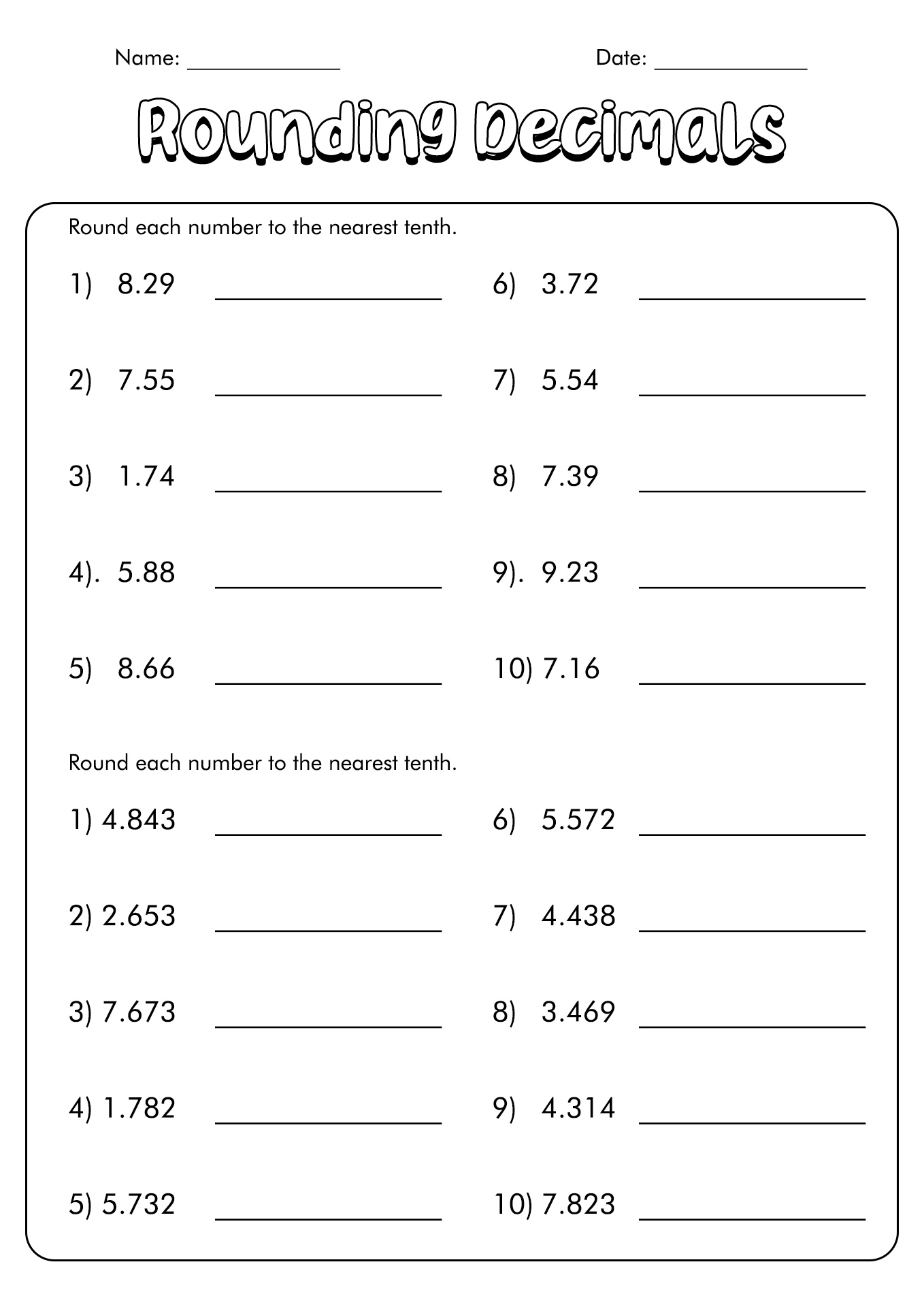 Free Rounding Decimals Worksheets Printable
