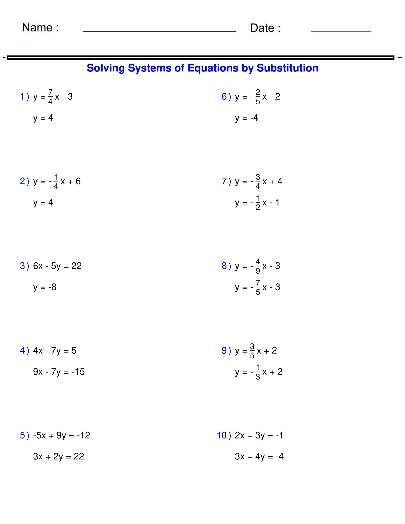 systems of equations substitution worksheet systems of equations substitution worksheet