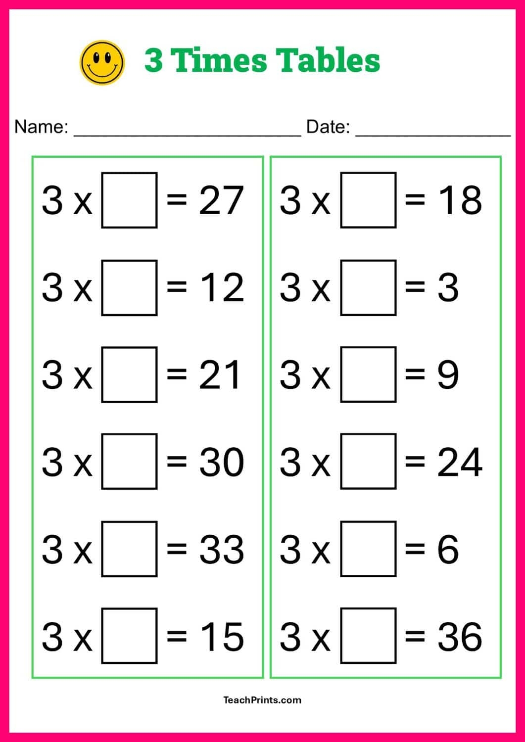 Free Three Times Tables Worksheets 8 Versions Teach Prints