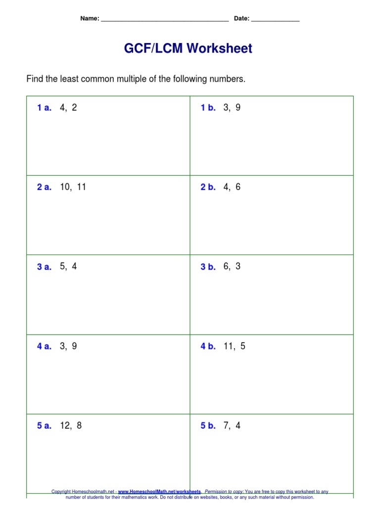 GCF LCM Worksheet Find The Least Common Multiple Of The Following 