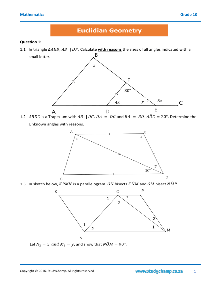 Grade 10 Euclidean Geometry Worksheet Grade 10 Euclidean Geometry Worksheet