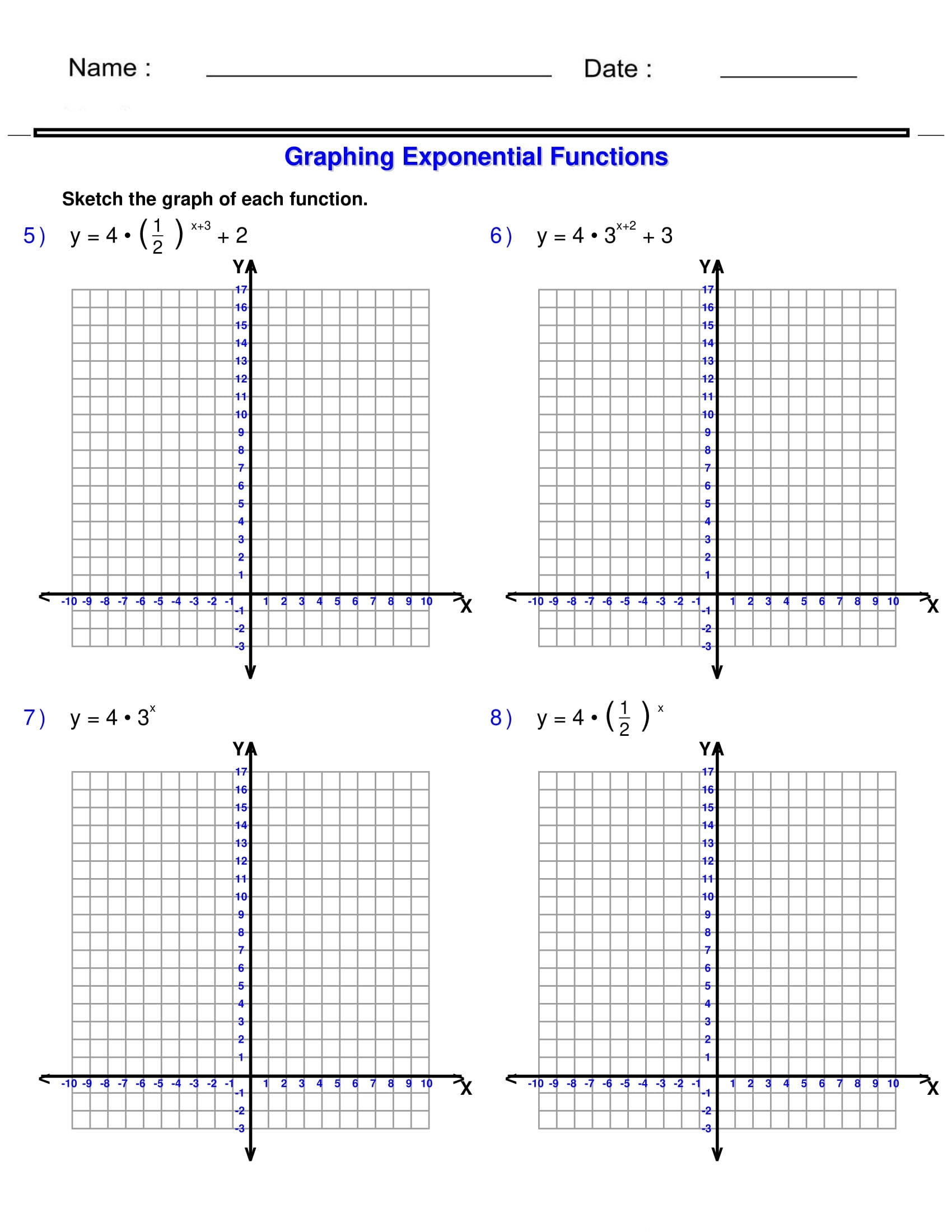 Graphing Exponential Functions Exponents Worksheets Algebra 1 