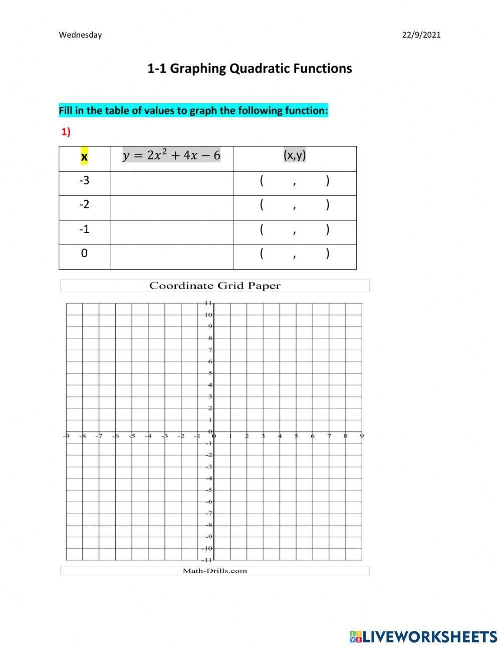 graphing quadratic functions worksheet