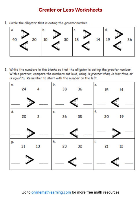 Greater Or Less Than Symbols Worksheets First Grade Printable 
