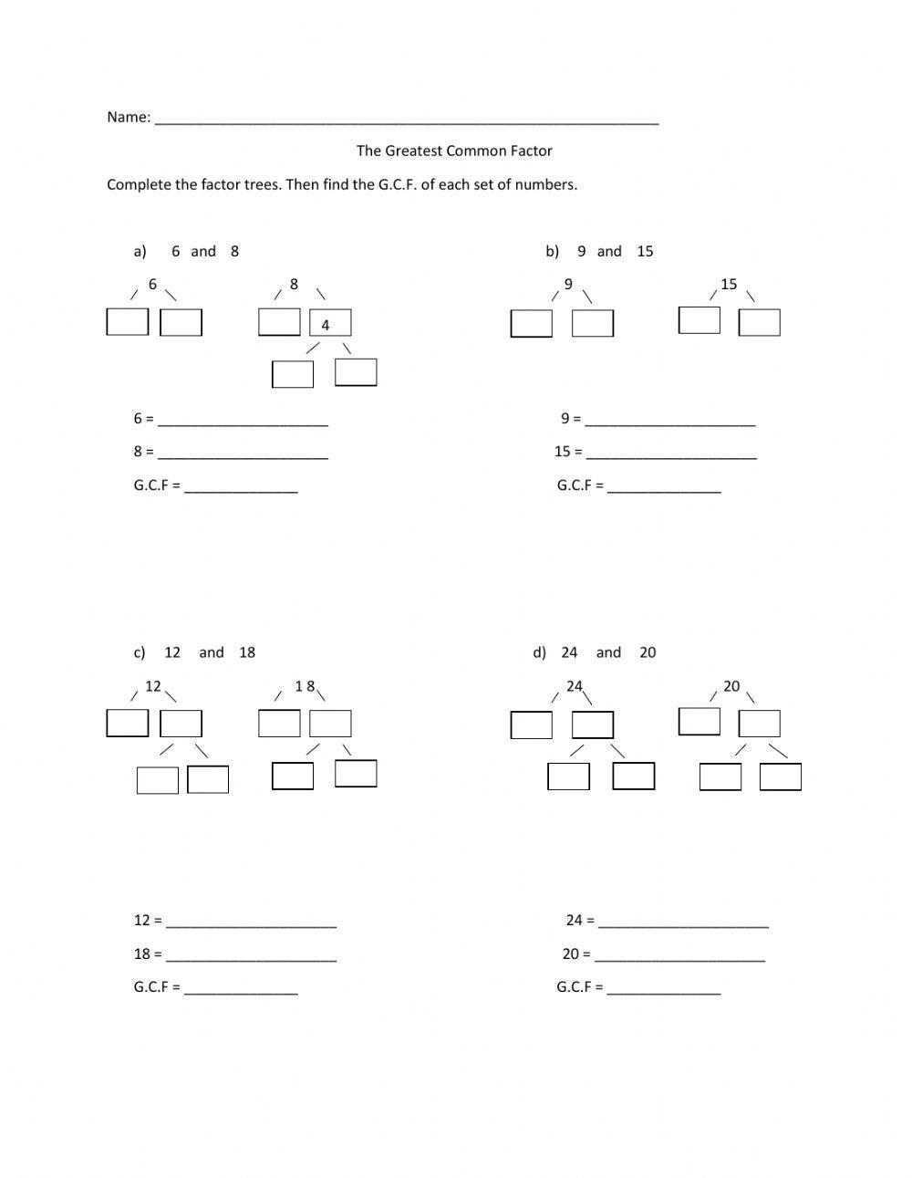 Greatest Common Factor Interactive Worksheet Live Worksheets 