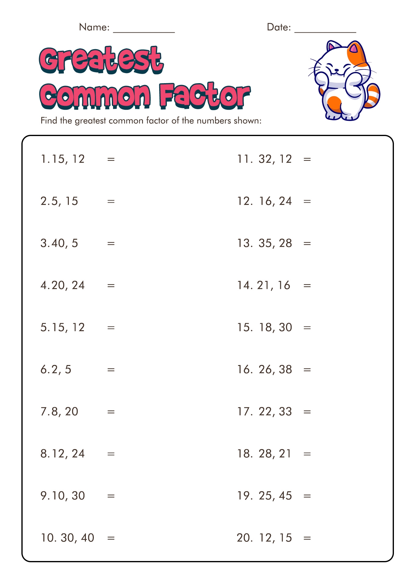 Greatest Common Factor Worksheet Pdf Greatest Common Factor Worksheets