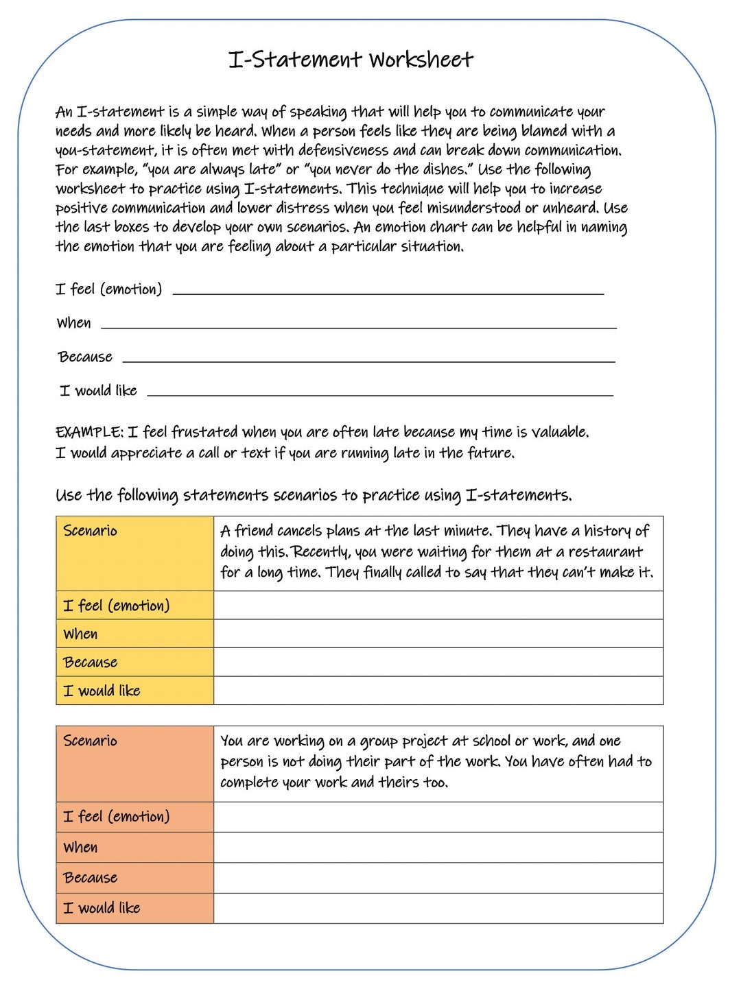 I statement Worksheet Increasing Positive Communication Etsy I statement Worksheet Increasing Positive Communication Etsy