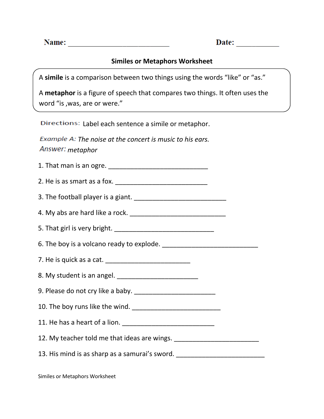 Identifying Appropriate Similes And Metaphors Activity Sheet 