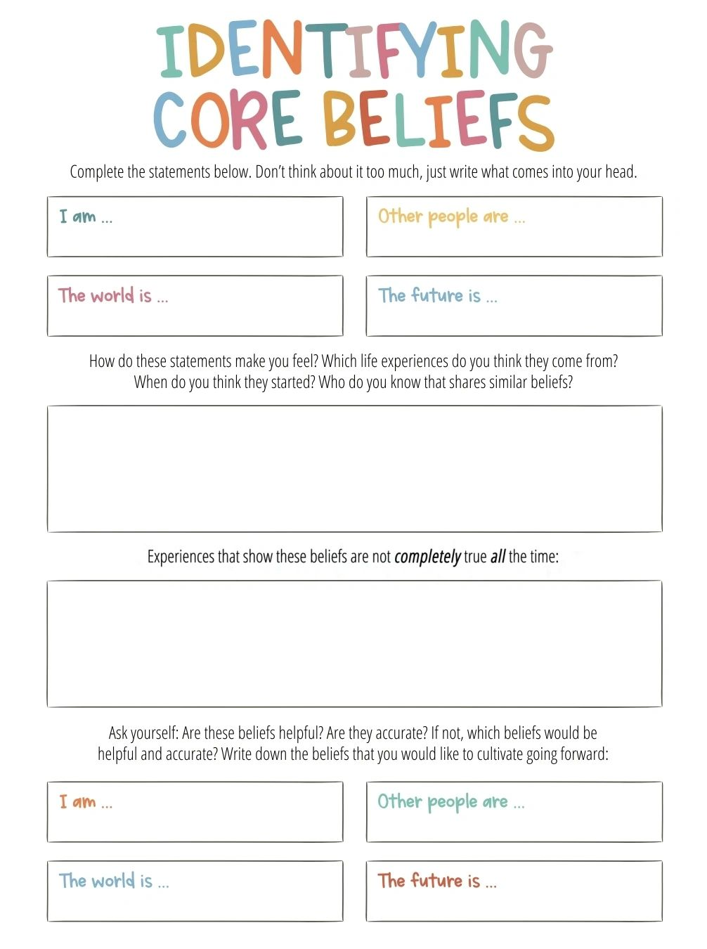 Identifying Core Beliefs Worksheets Library
