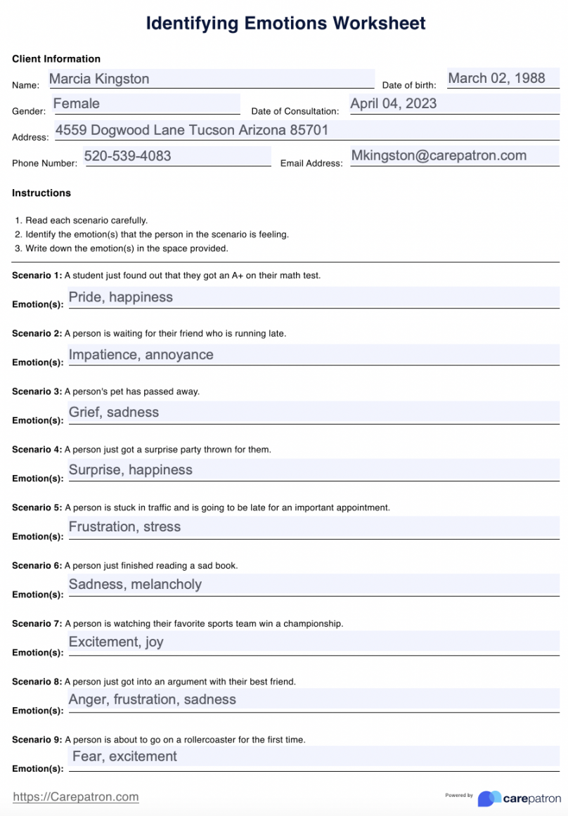Identifying Emotions Worksheet