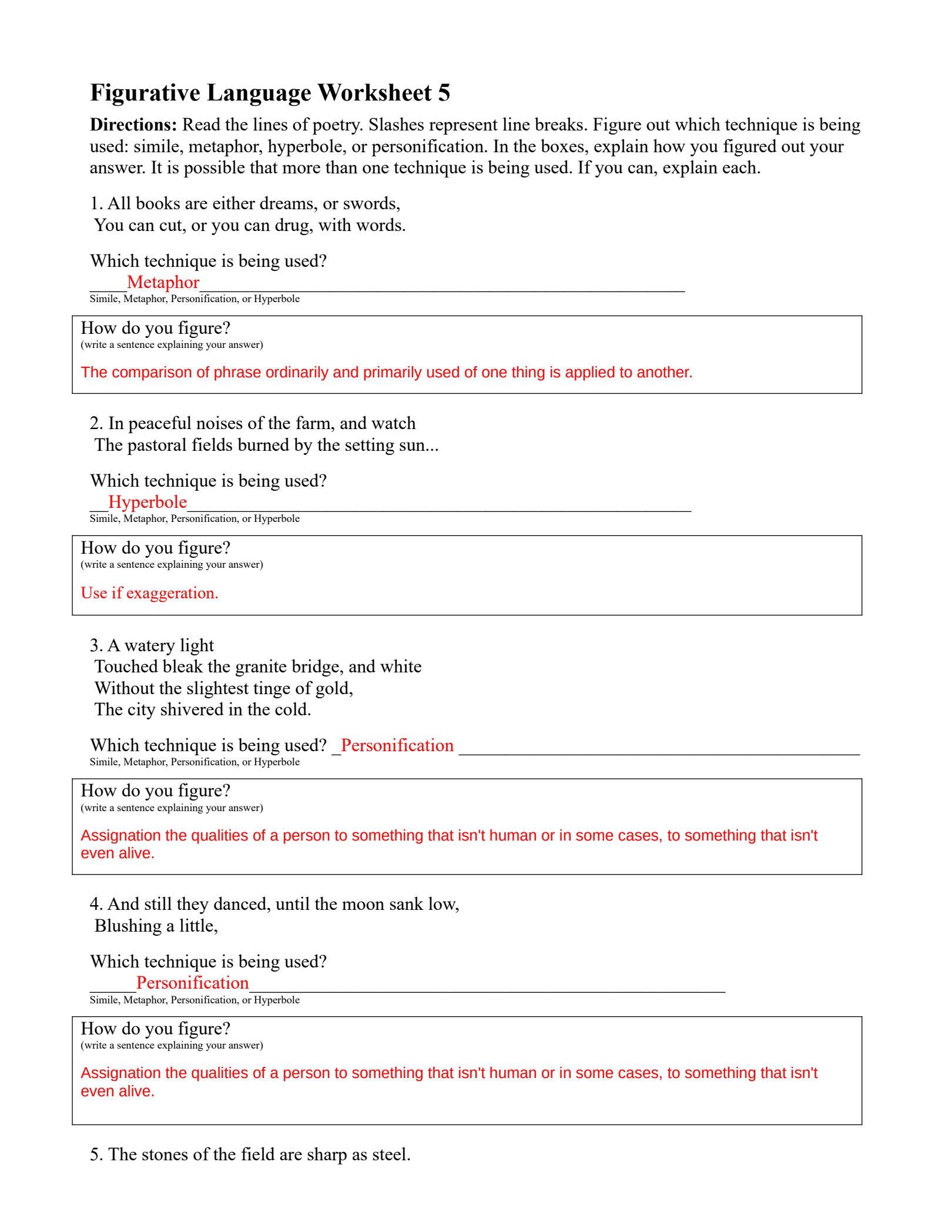 Identifying Figurative Language Worksheet 4 Answers Identifying Figurative Language Worksheet 4 Answers