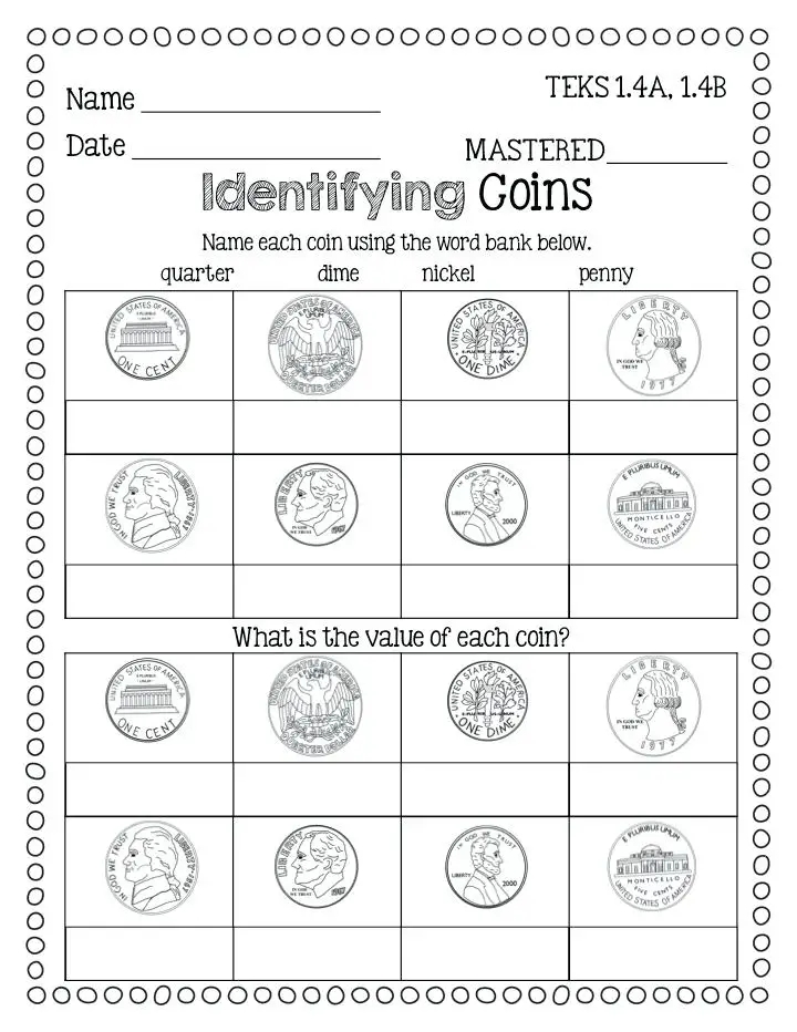 Identifying Money Worksheets