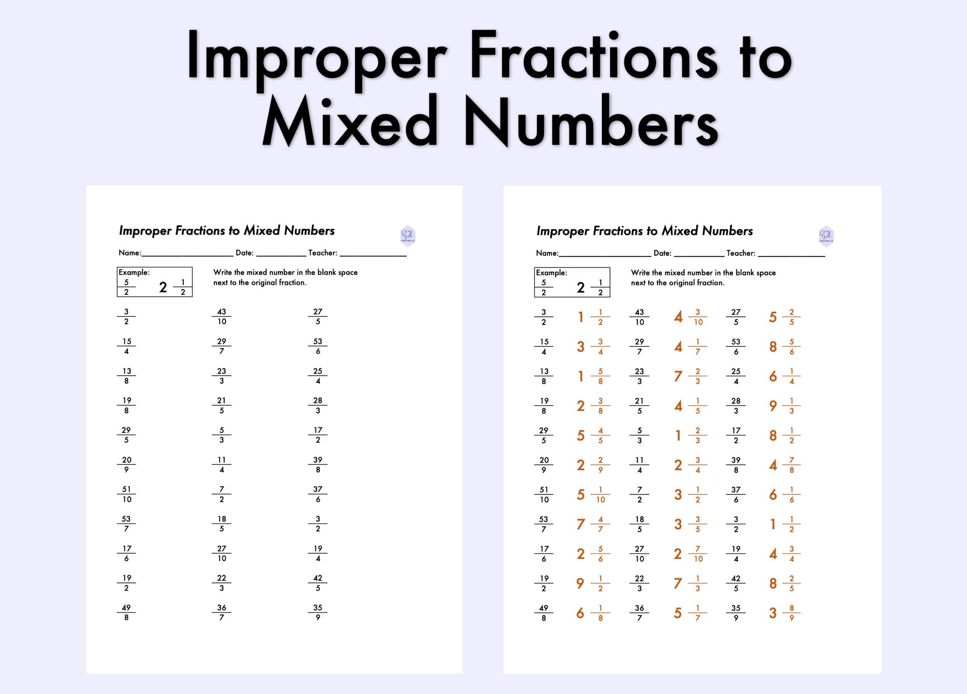 Improper Fractions To Mixed Numbers Printable Worksheet Improper Fractions To Mixed Numbers Printable Worksheet