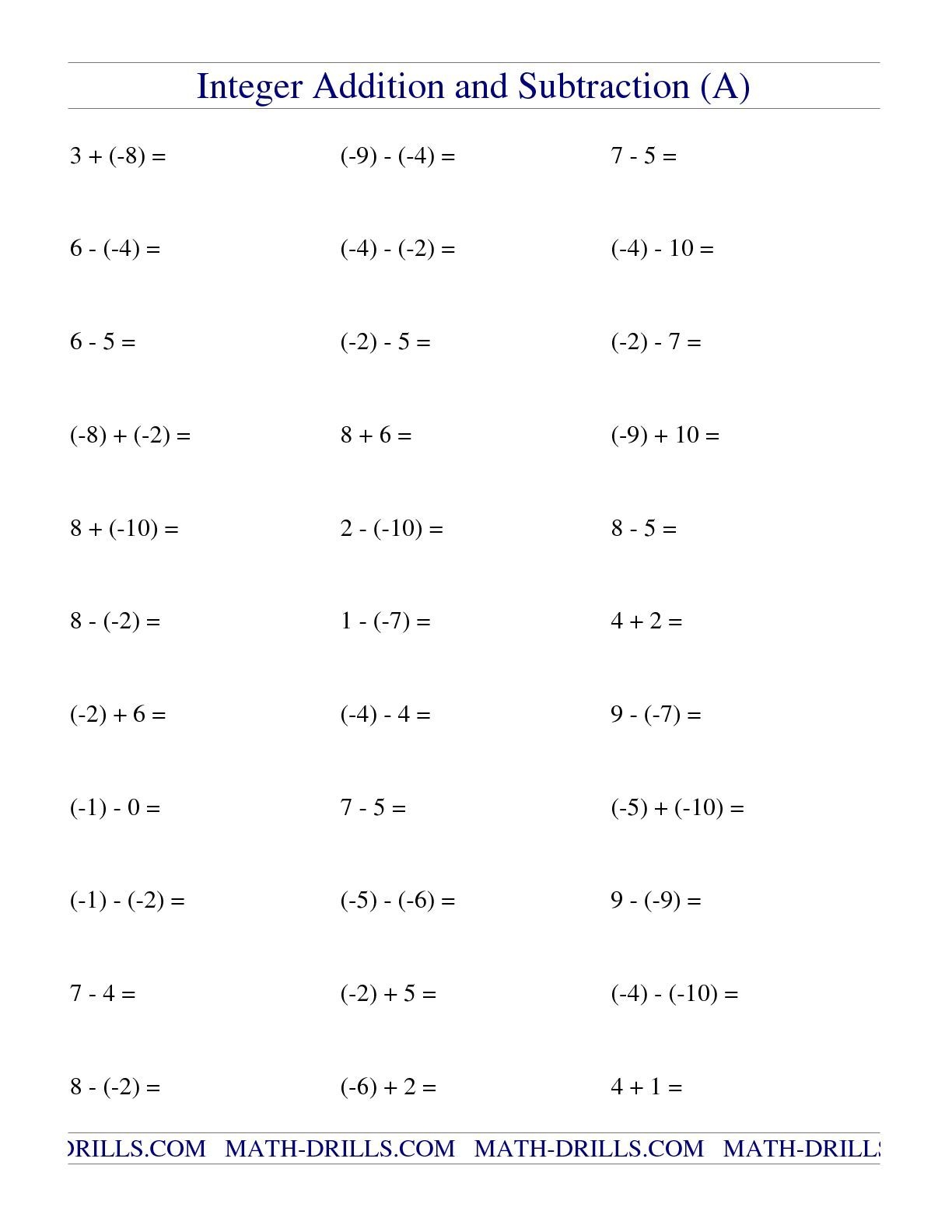 Integer Addition And Subtraction Worksheet