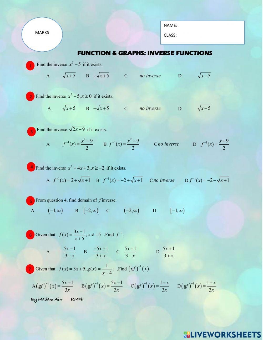 Inverse Functions Interactive Worksheet Live Worksheets Worksheets Inverse Functions Interactive Worksheet Live Worksheets Worksheets