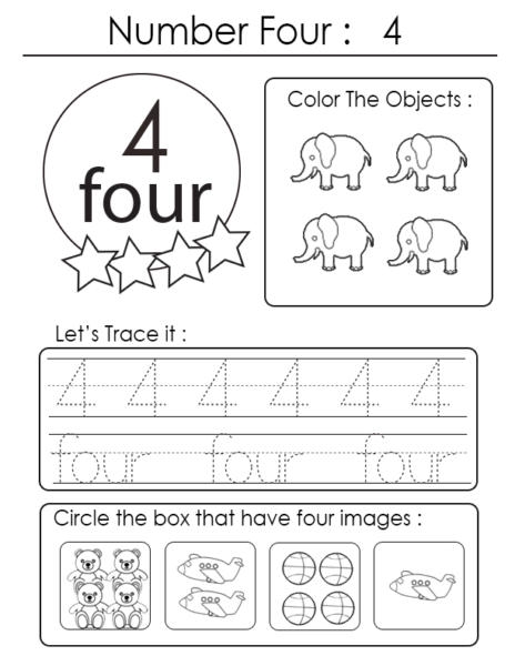 Kindergarten Math Worksheet Number 4 Coloring Free Printable 
