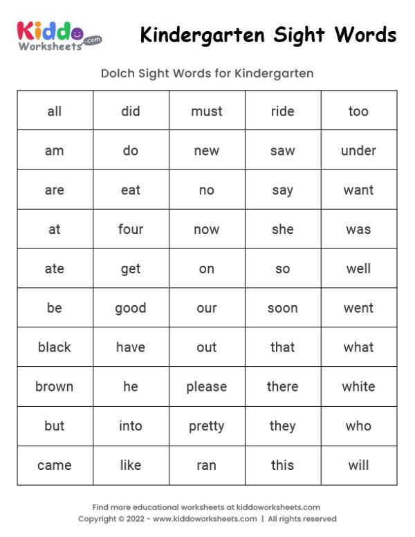 Kindergarten Sight Word Worksheets Printable