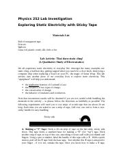 Lab Investigation One Sticky Tape rtf Physics 252 Lab Investigation Lab Investigation One Sticky Tape rtf Physics 252 Lab Investigation