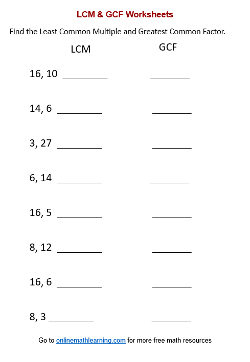LCM And GCF Worksheets printable Online Answers Examples 