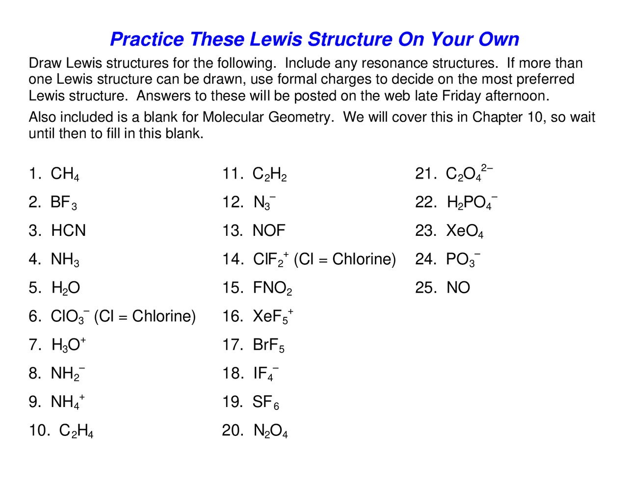 Lewis Structure Worksheet Lecture Notes Geometry Docsity Lewis Structure Worksheet Lecture Notes Geometry Docsity