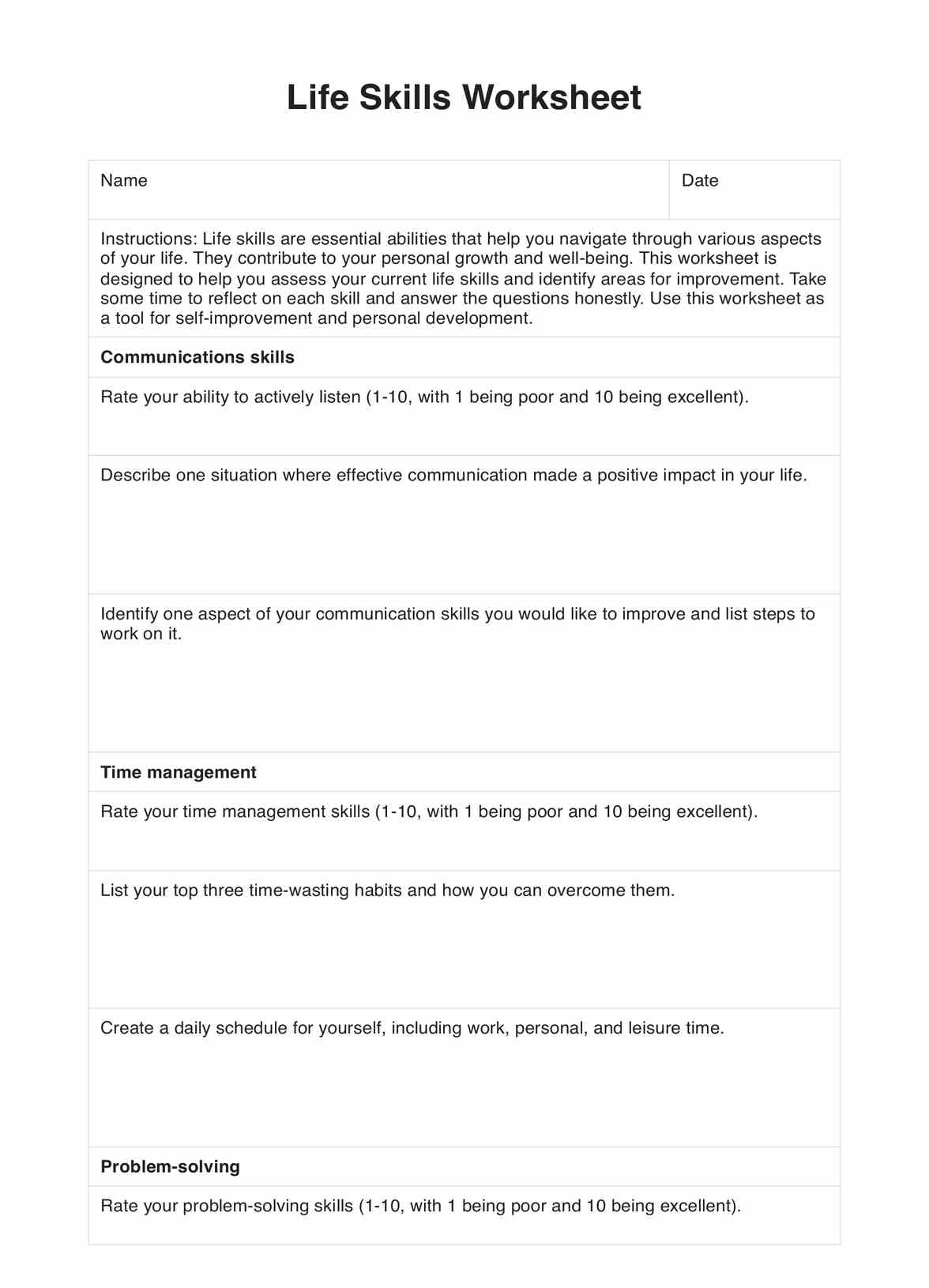 Life Skills Worksheets Life Skills Worksheets
