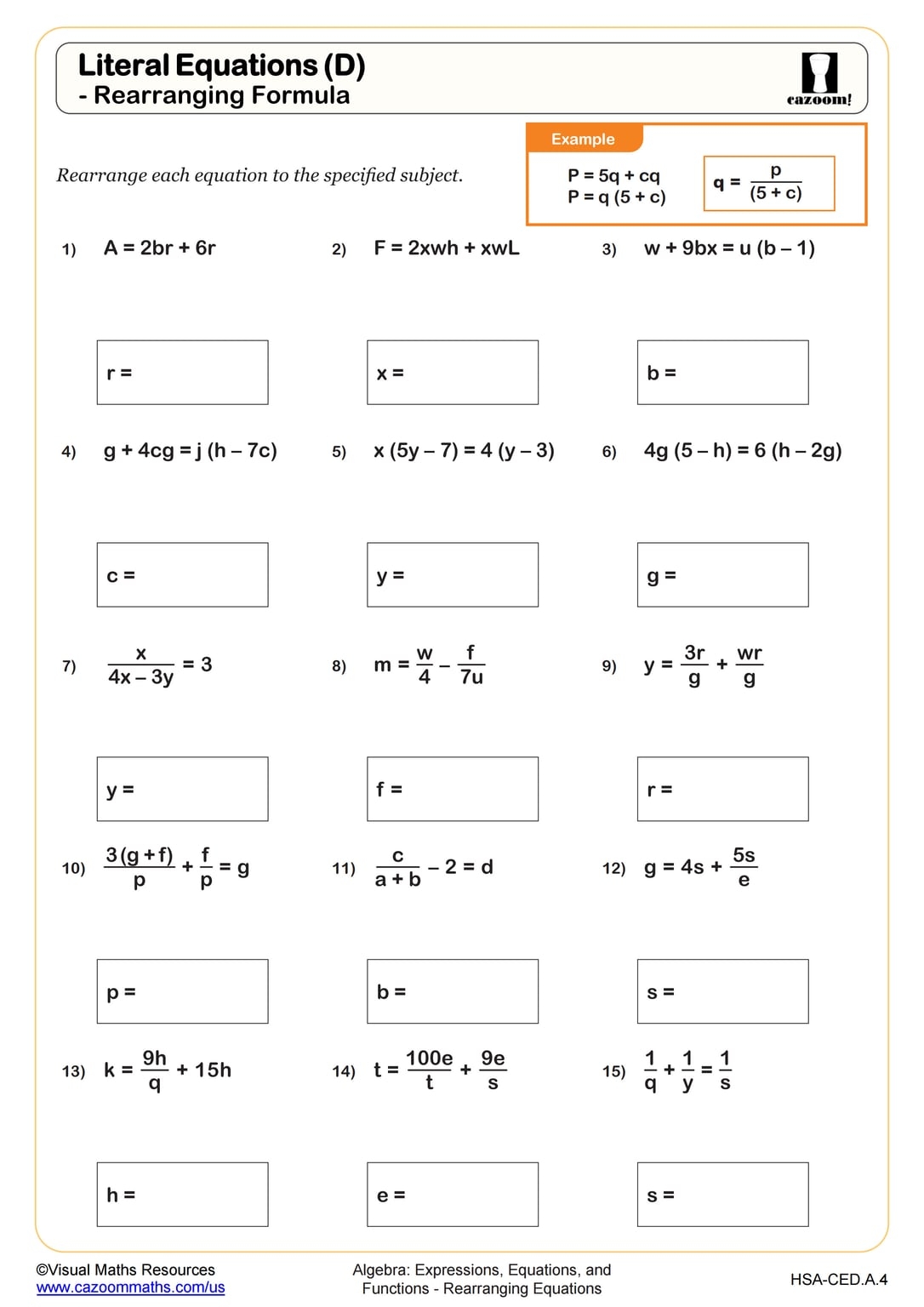 Literal Equations D Rearranging Formula Worksheet Algebra I PDF 