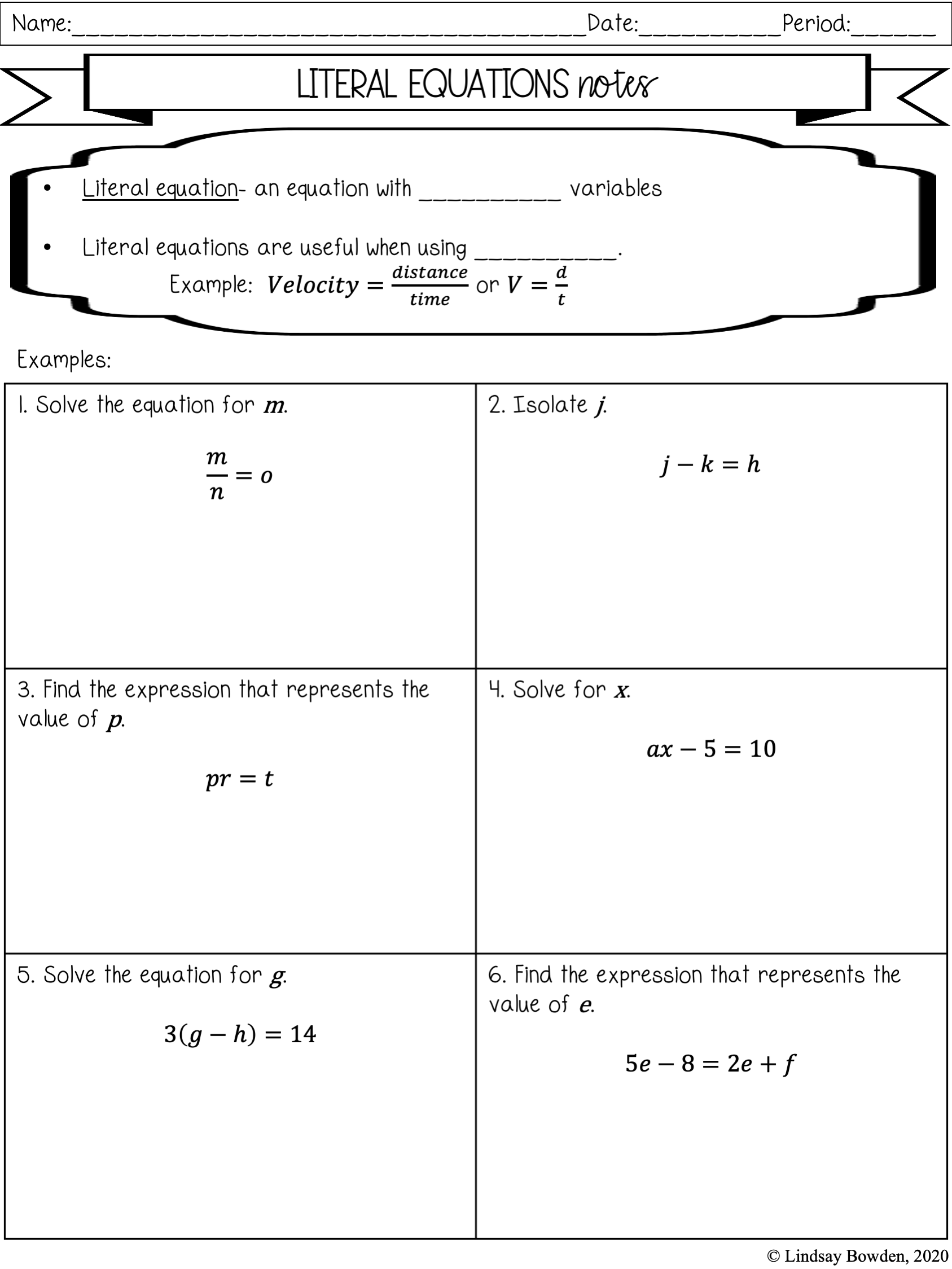 Literal Equations Notes And Worksheets Lindsay Bowden Worksheets 