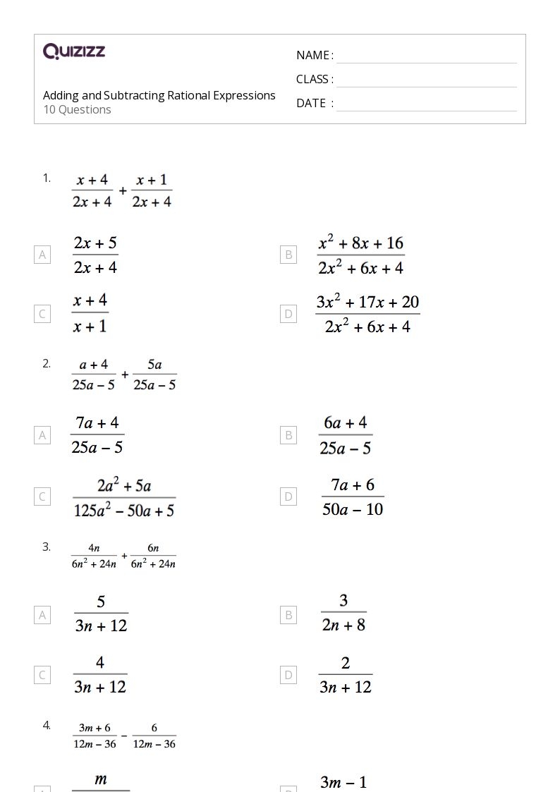 Master Rational Expression Addition And Subtraction Free Worksheet Master Rational Expression Addition And Subtraction Free Worksheet