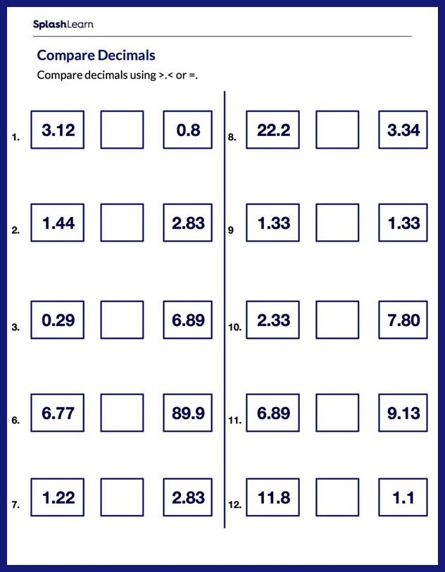 comparing decimals worksheet comparing decimals worksheet