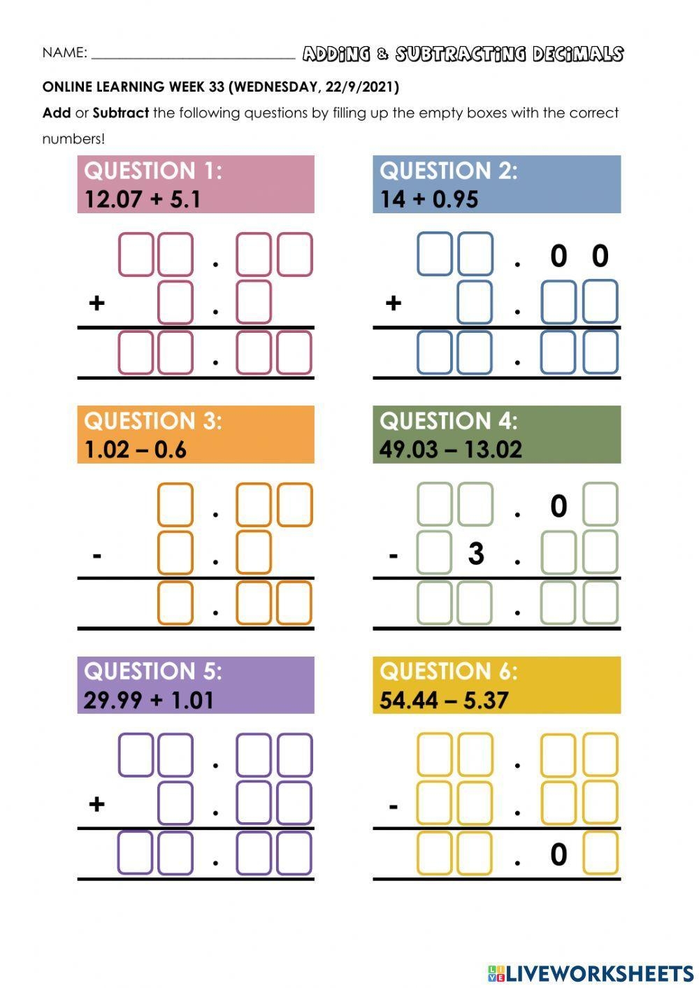 Mathematics Adding Subtracting Decimals Worksheet Live 