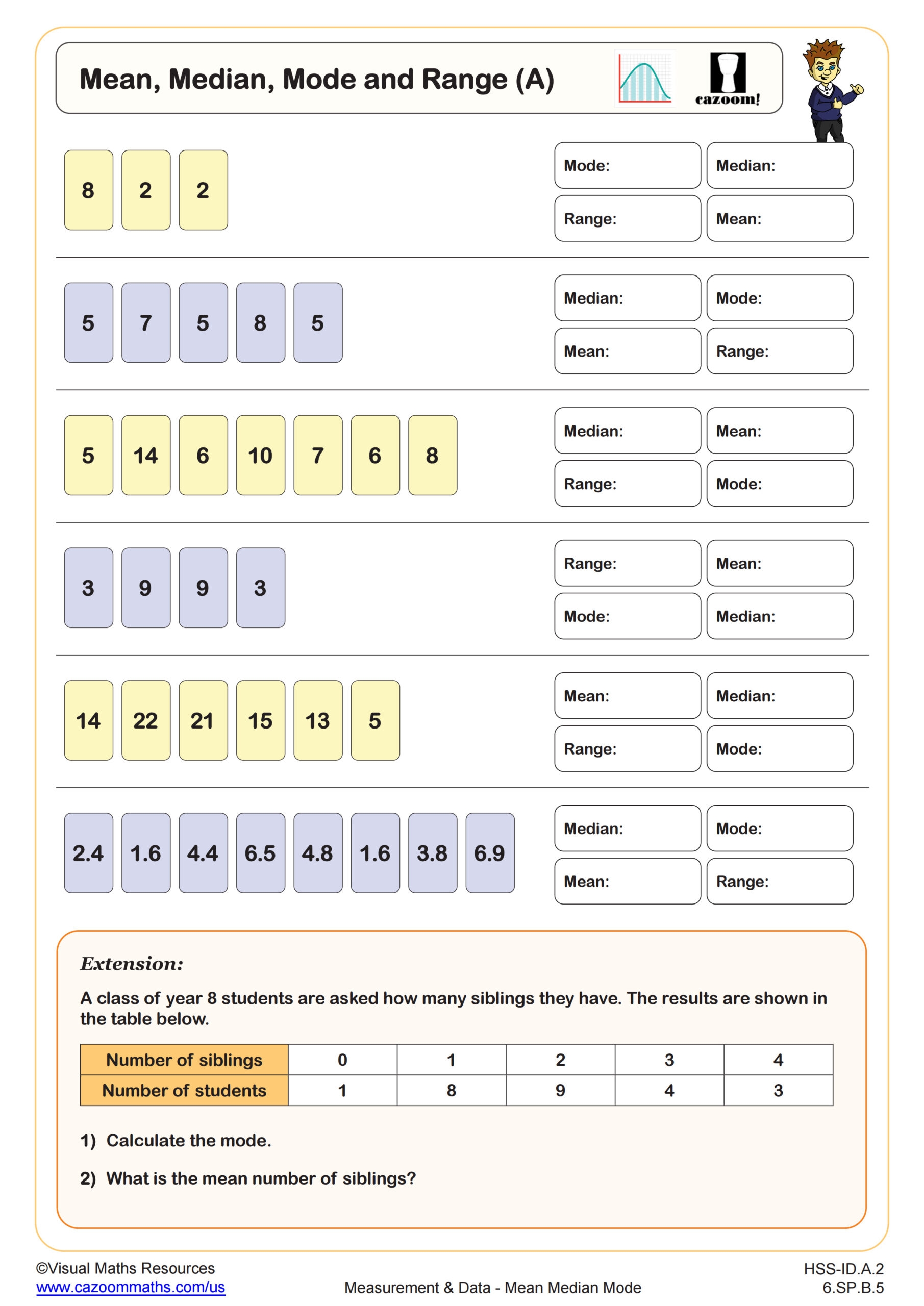 Mean Median Mode And Range A Worksheet PDF Printable 